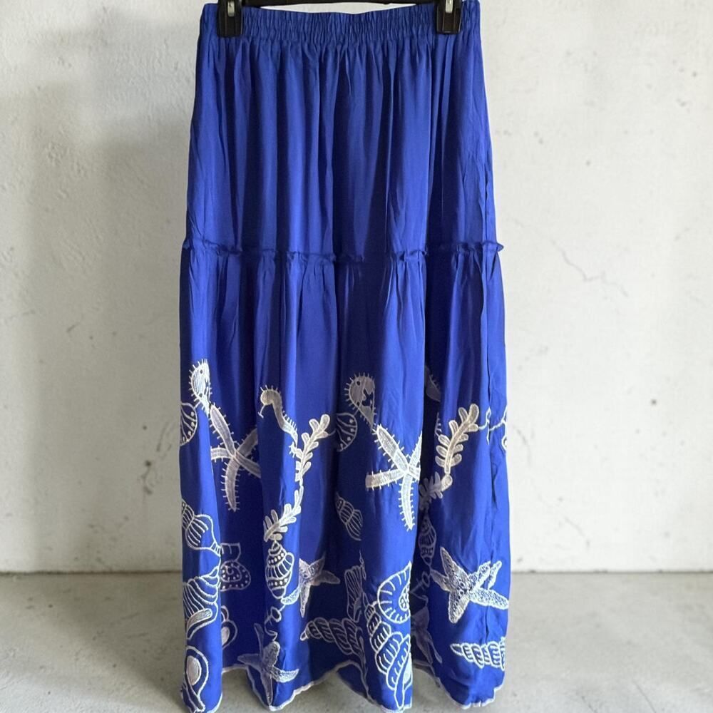 Laffaire Blue Seashell Starfish Embroidered Coastal Maxi Skirt M